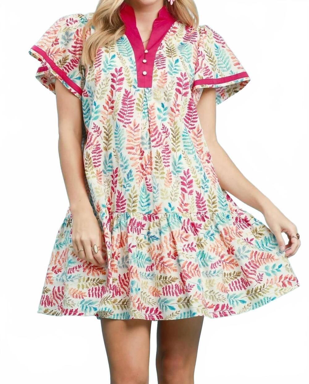 NEW UMGEE leaf print flutter sleeve tiered mini dress in tea berry
